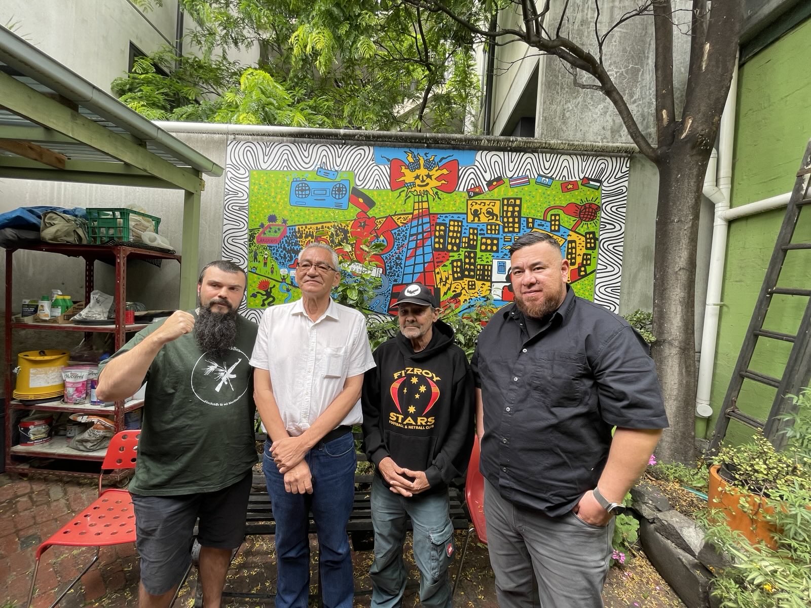 Keiran Stewart-Assheton, Cheif Na'moks, Djuran Bunjileenee Robbie Thorpe & Gwii Lok’im Gibuu in the 3CR garden