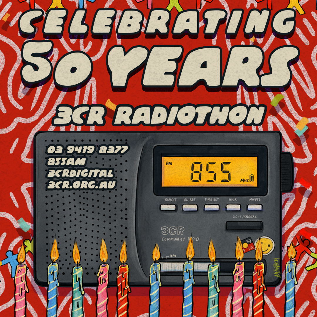 'Celebrating 50 Years: 3CR Radiothon' Poster image art