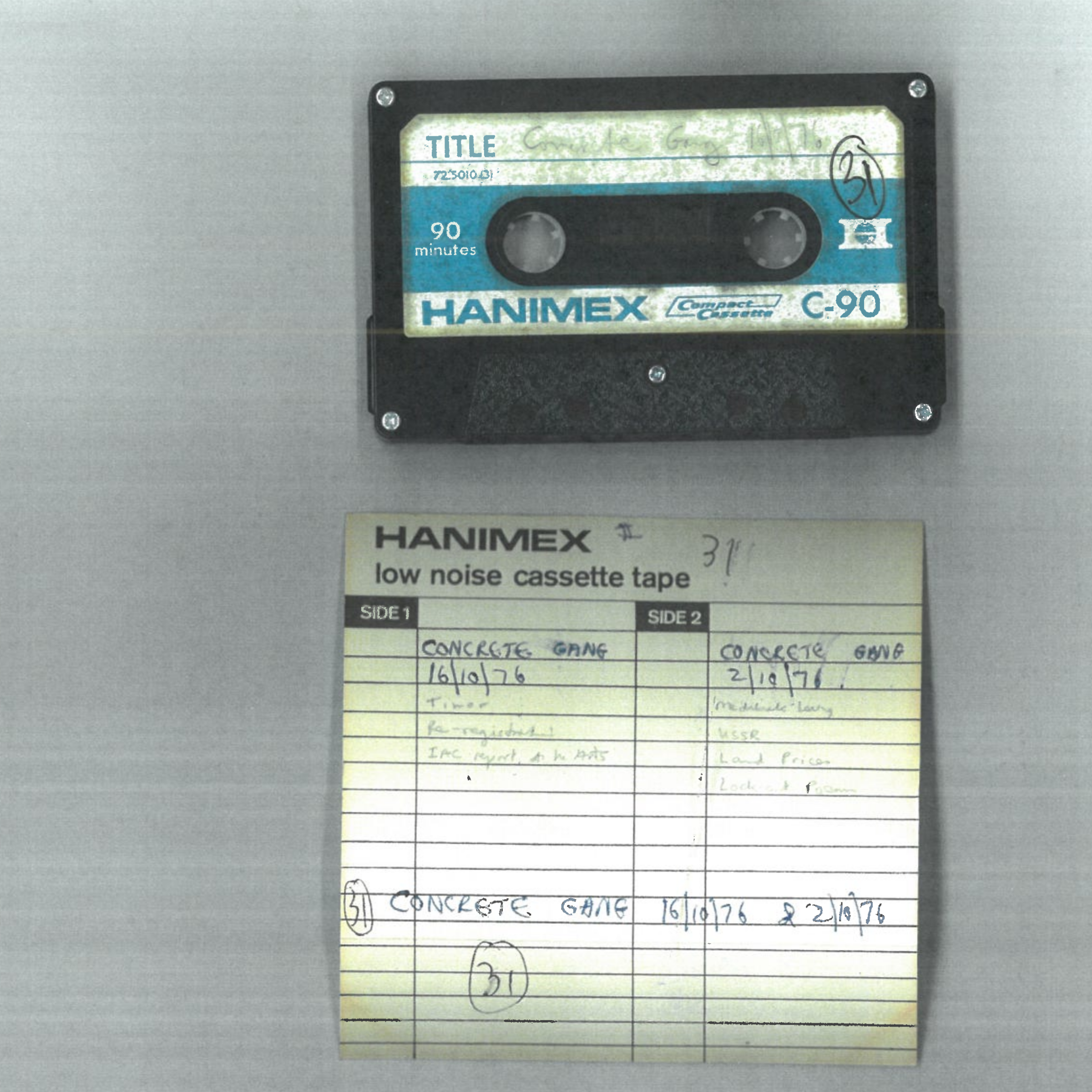 Scanned image of the outside of a cassette and the handwritten notes about 2 episodes from 1976 on its insert.