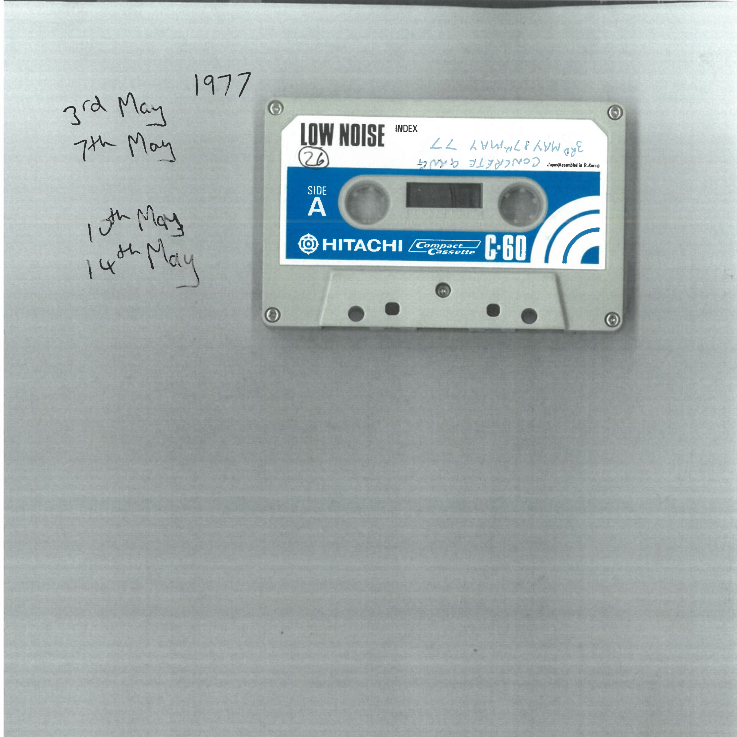Scanned image of the outside of a cassette hand-labelled with Concrete Gang dates for May 1977.