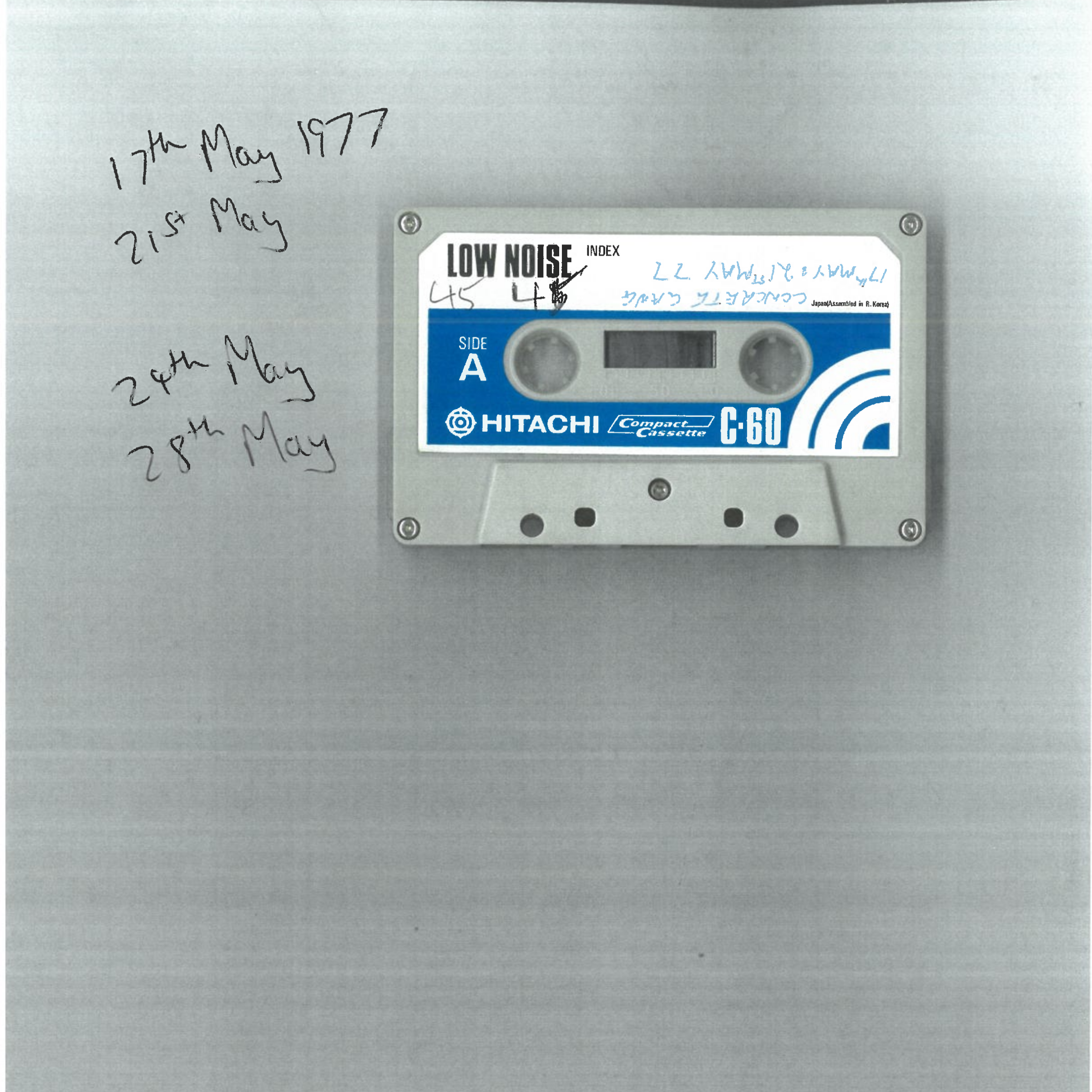 Scanned image of the outside of a cassette hand-labelled with Concrete Gang dates for May 1977.