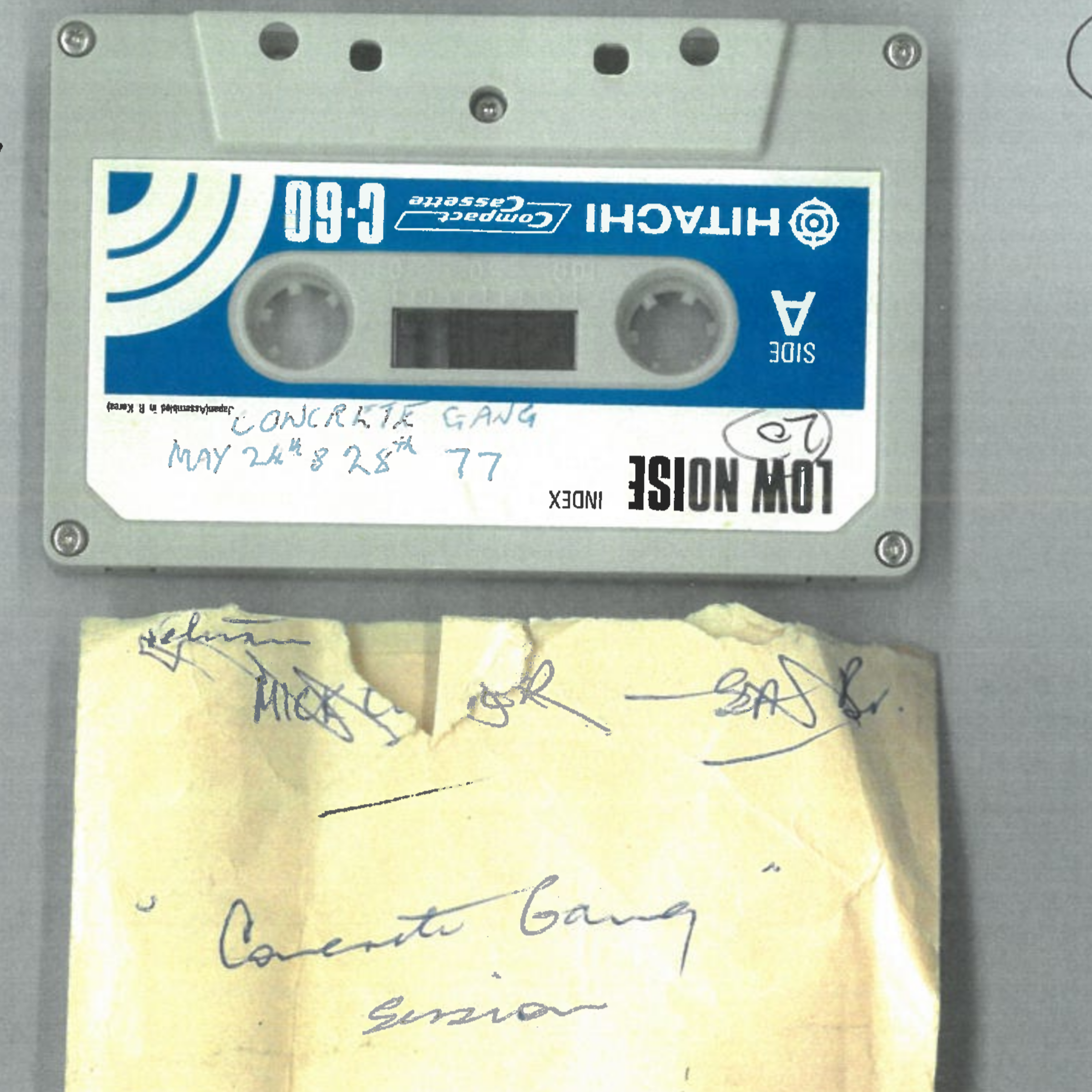 Scanned image of the outside of a cassette hand-labelled with Concrete Gang dates for May 1977.