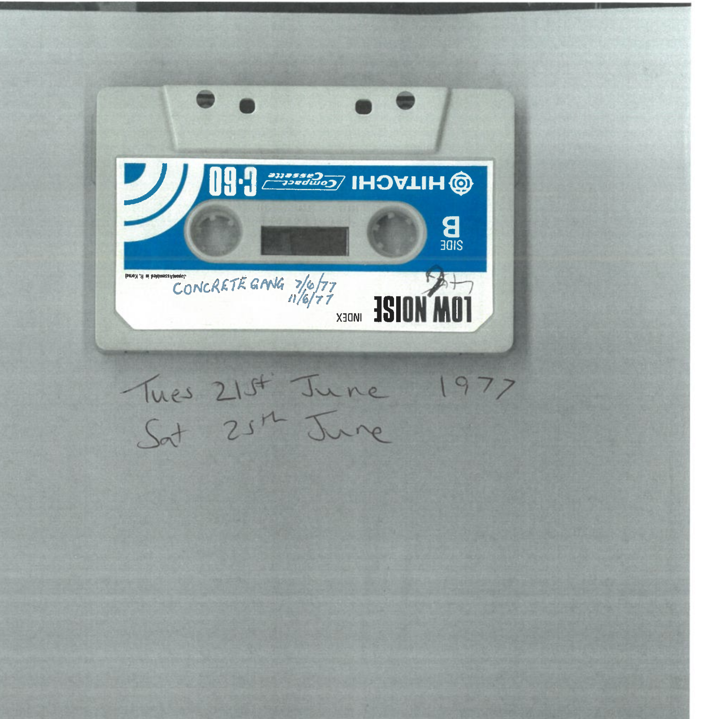 Scanned image of the outside of a cassette hand-labelled with Concrete Gang dates for June 1977.