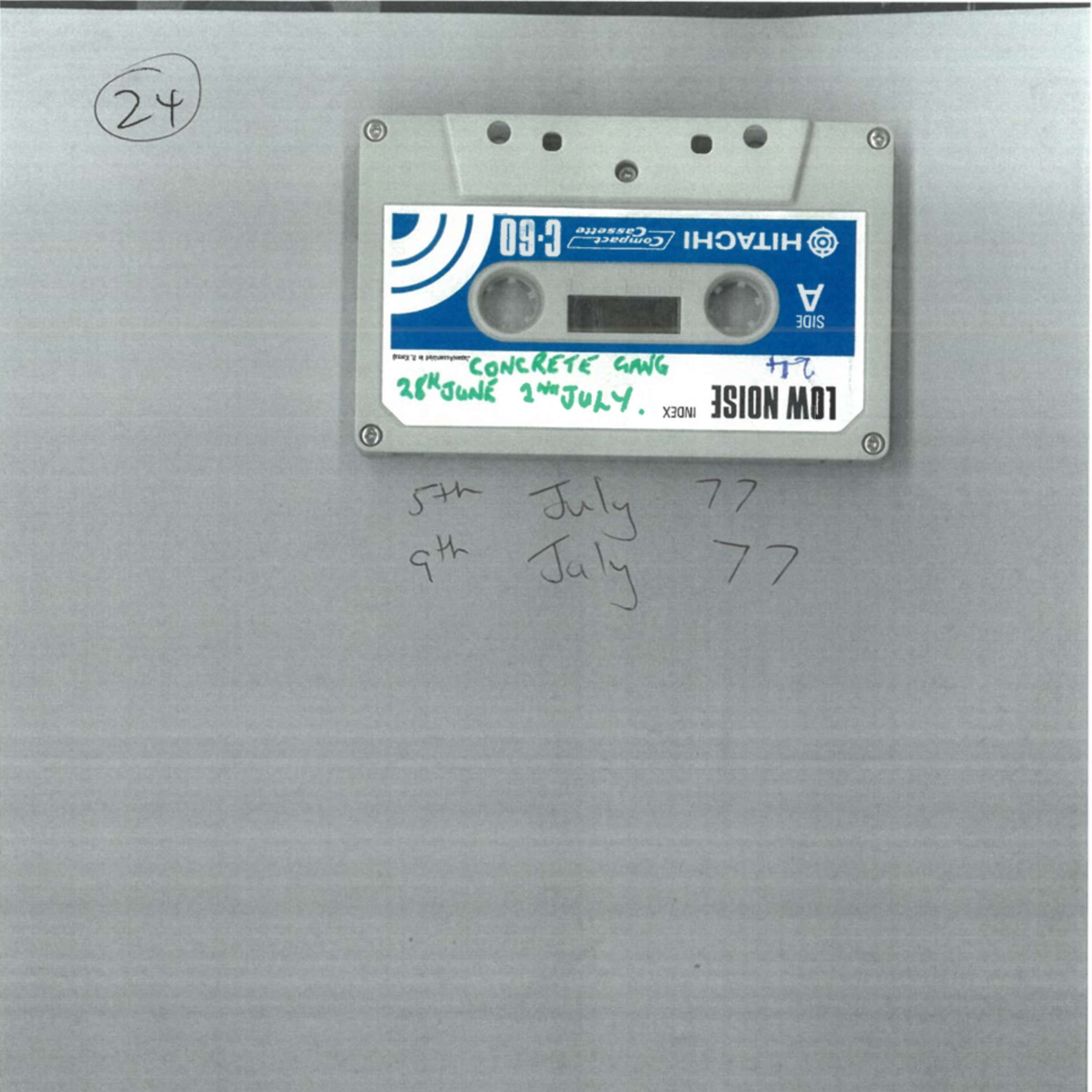 Scanned image of the outside of a cassette and the handwritten notes on the tape with some 1977 dates.