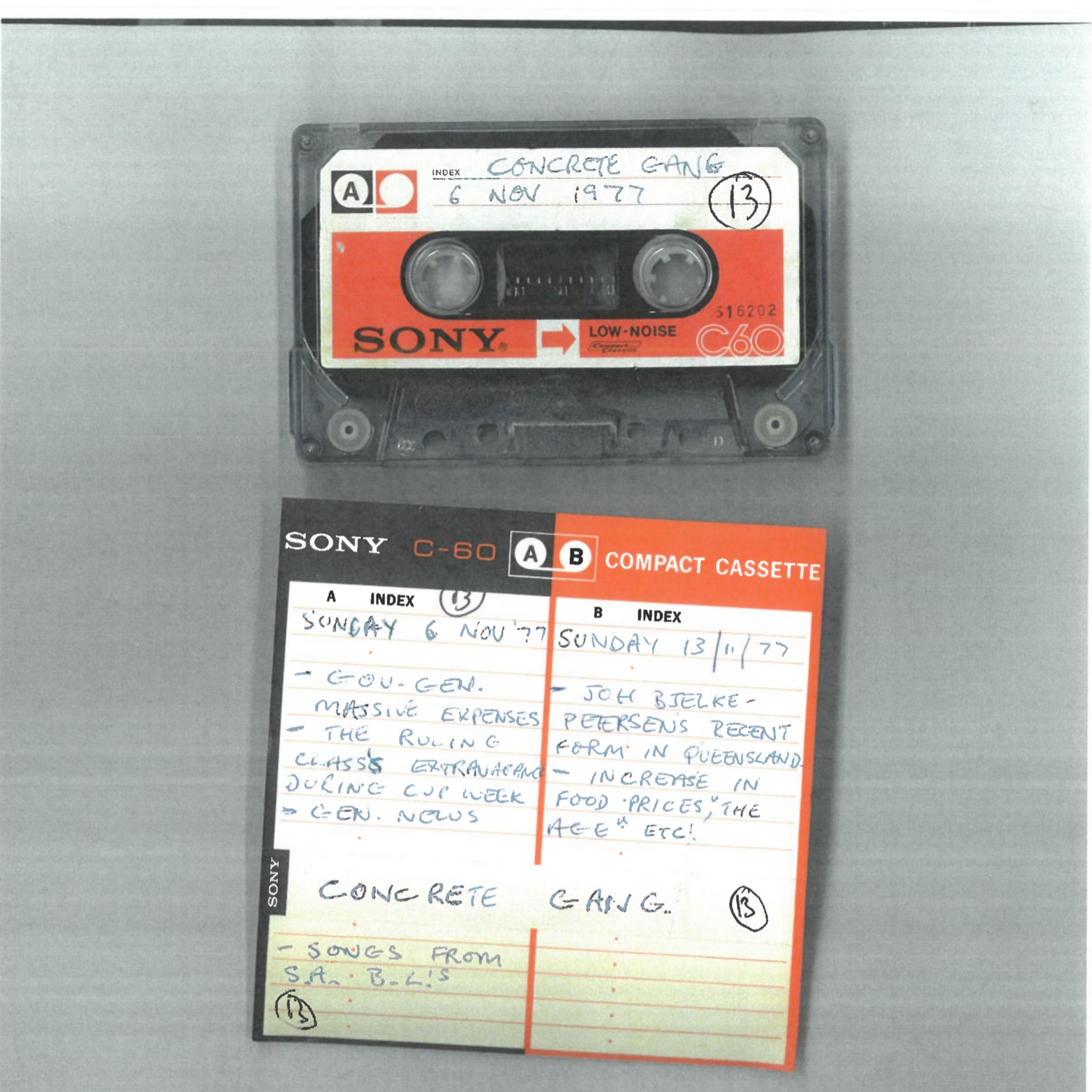 Scanned image of the outside of a cassette and the handwritten notes on the insert with some 1977 dates.