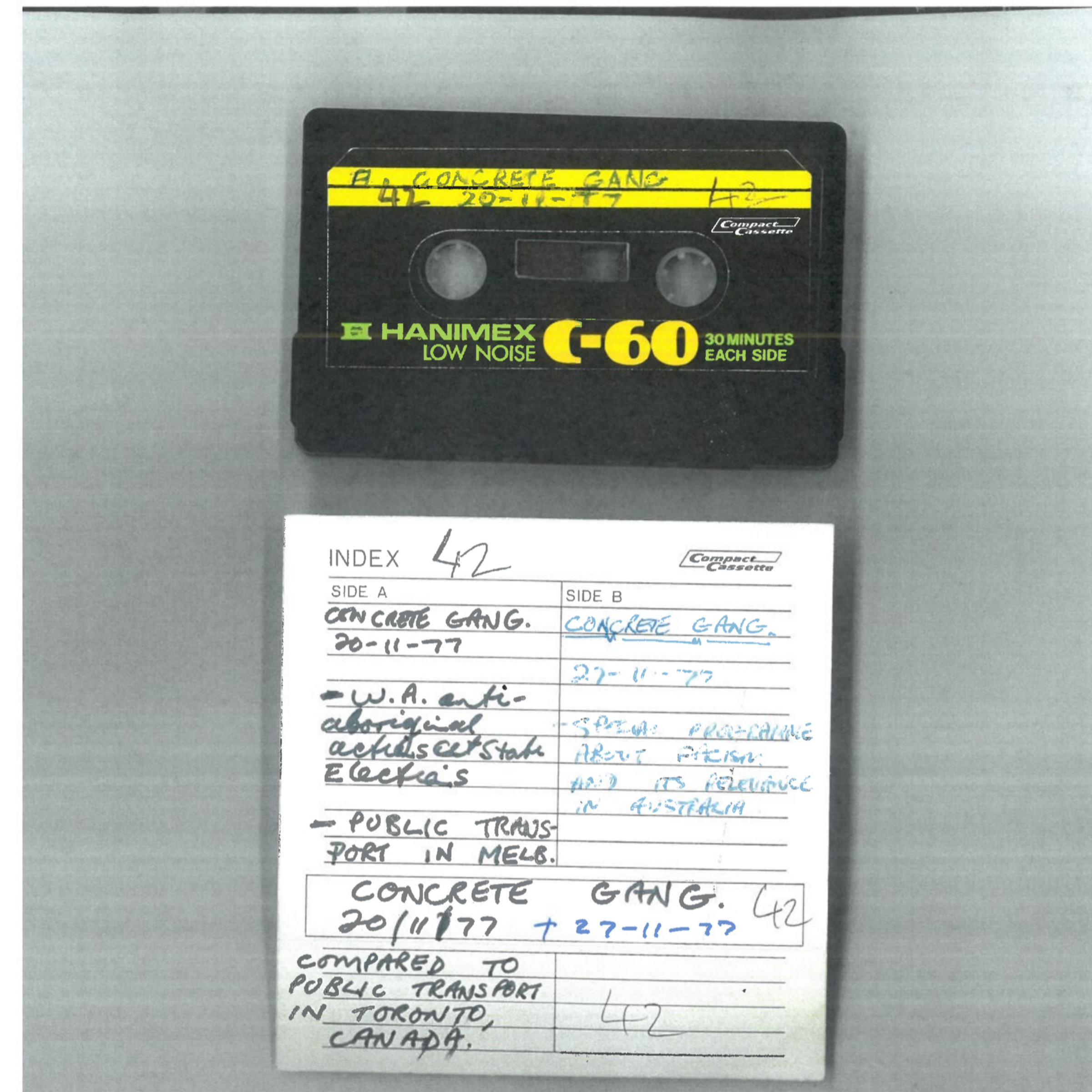 Scanned image of the outside of a cassette and the handwritten notes on the insert with some 1977 dates.
