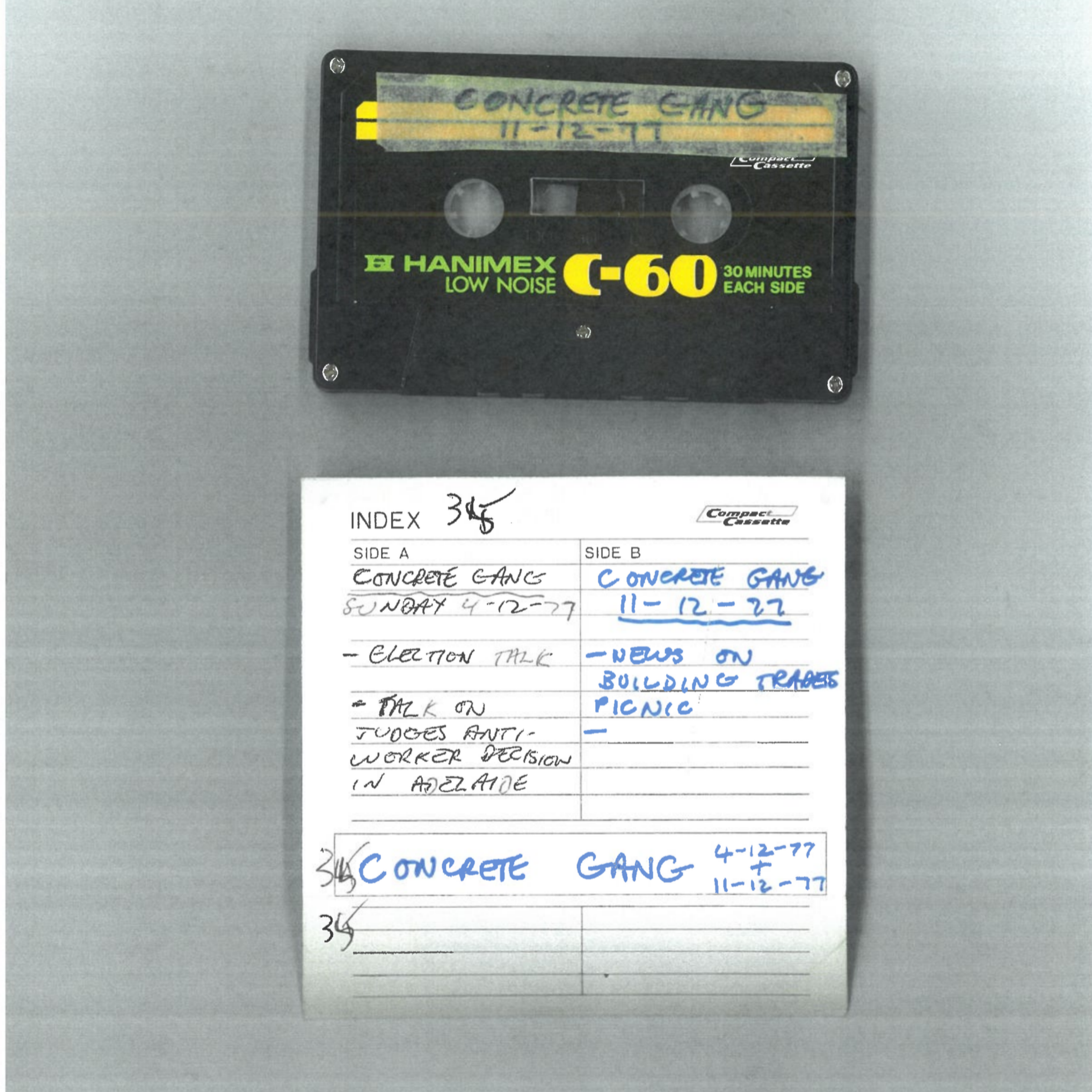 Scanned image of the outside of a cassette and the handwritten notes on the insert with some 1977 dates.