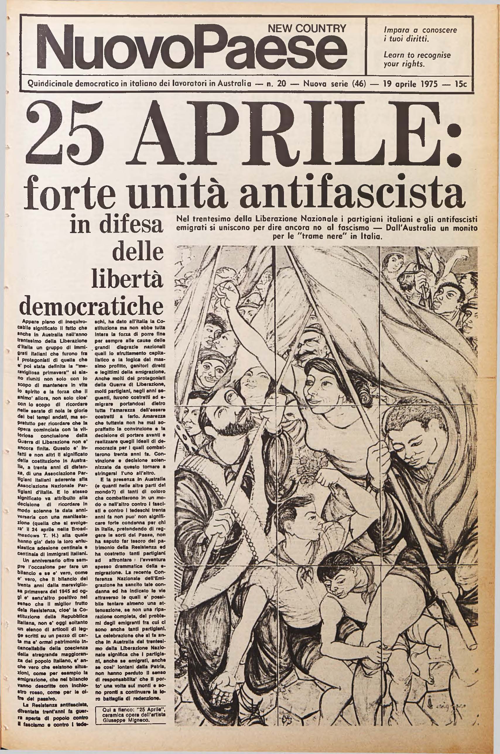 Front Page of Nuovo Paese marking 25 April Italian Liberation Day