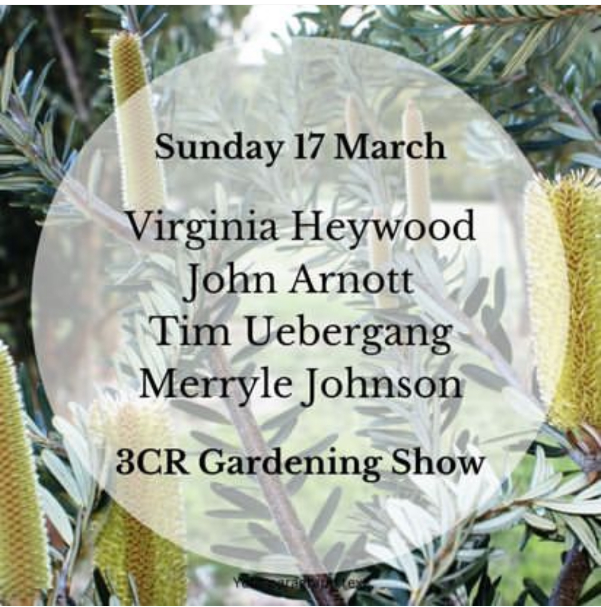 Image is text over an image of flowers that says Sunday 17 March Virginia Heywood John Arnott Tim Uebergang Merryle Johnson 3CR Gardening Show