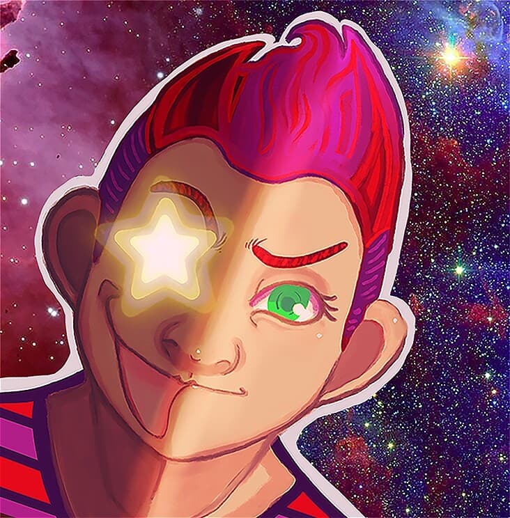 anime of person with purple hair and one eye as a gold star