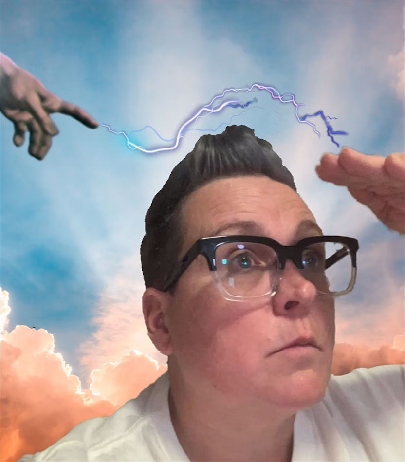Person with large-framed glasses looking over horizon sky and lightening in background