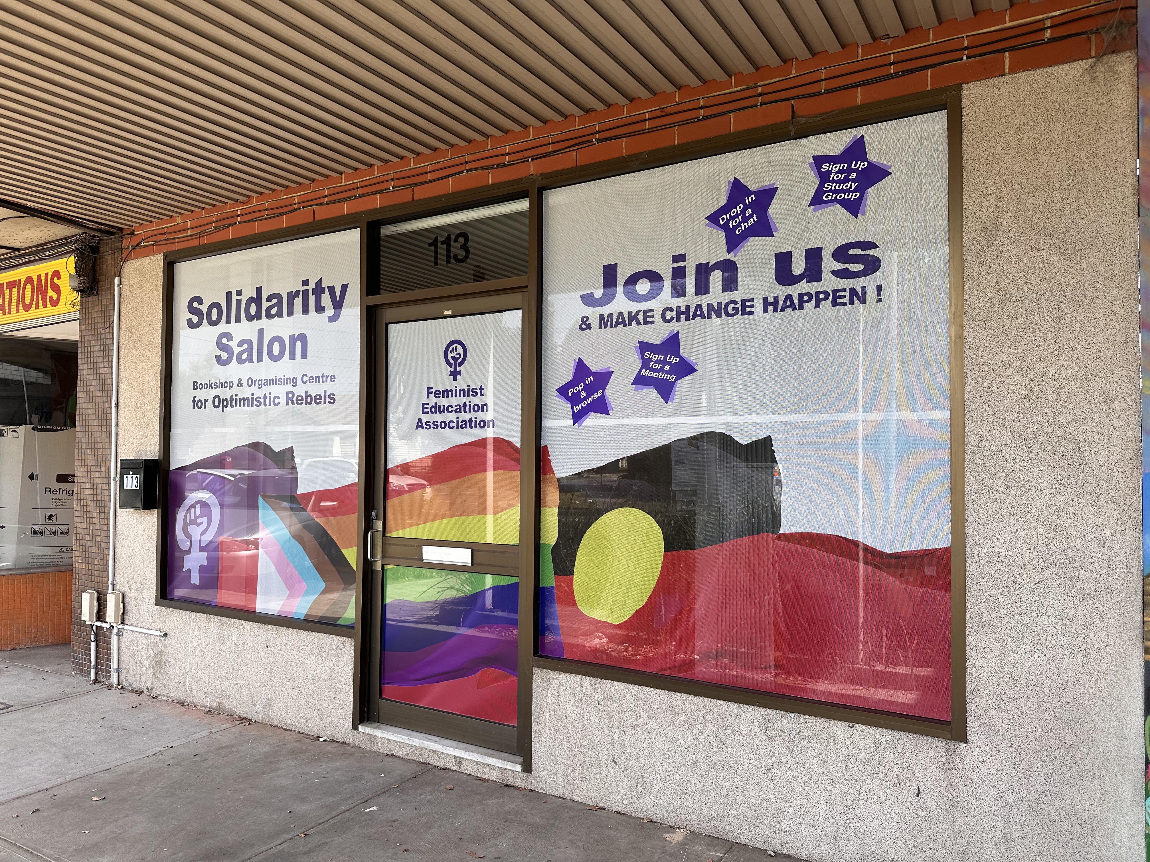 Front windows of new Solidarity Salon