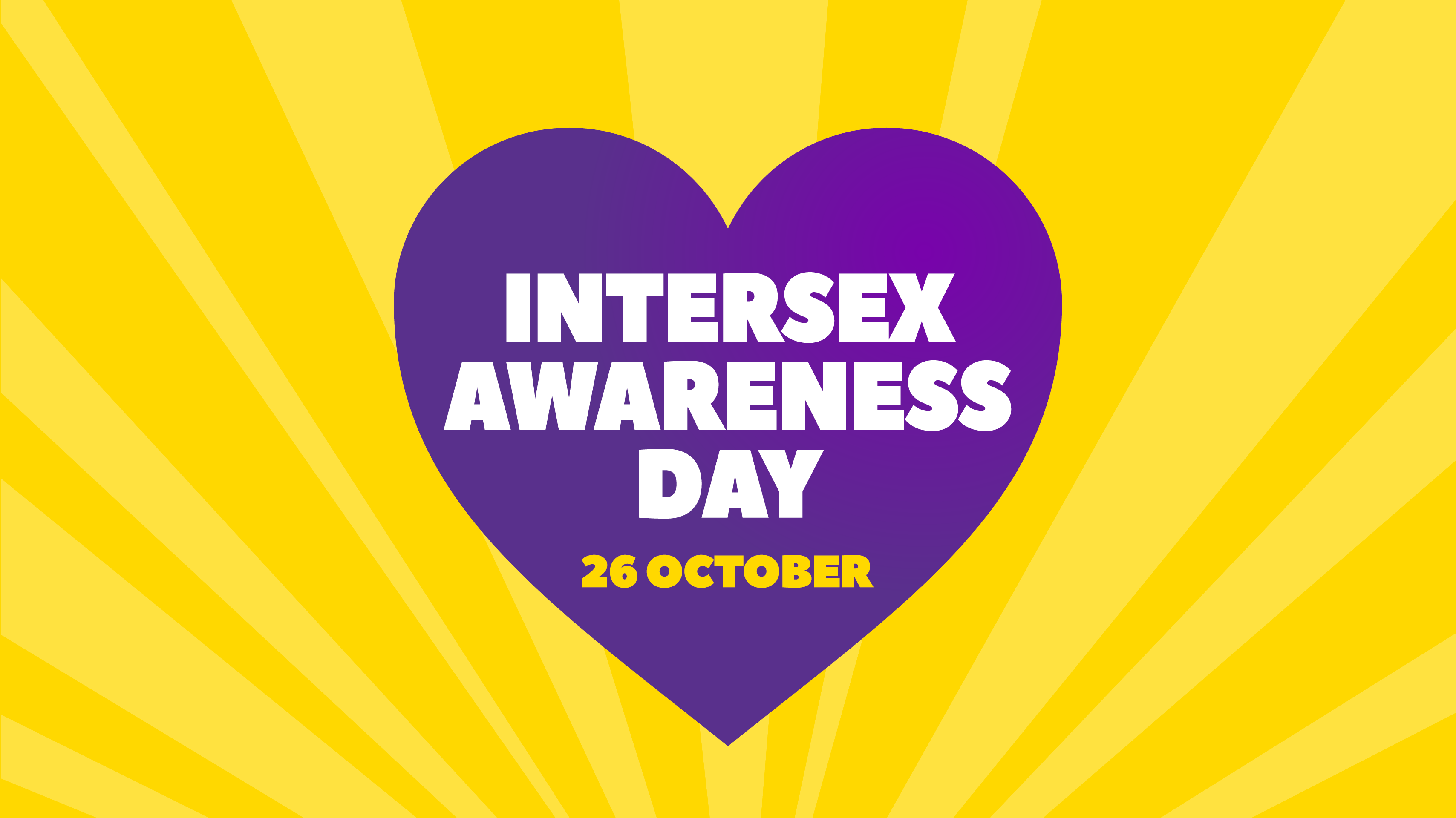 intersex awareness day in white in purple heart in turn surrounded by yellow background
