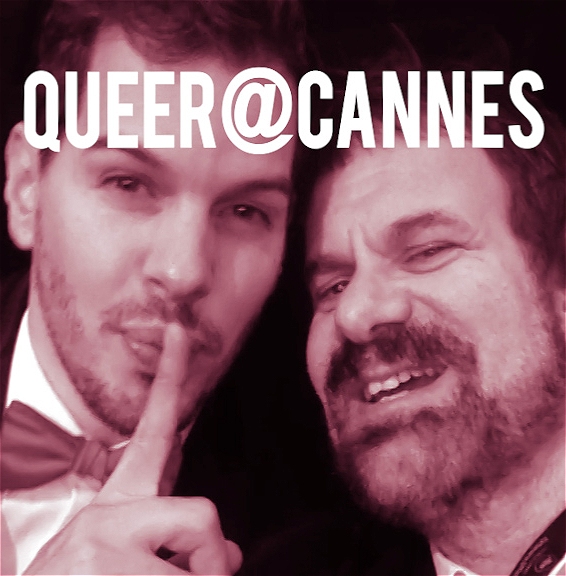 2 people of masculine appearance; one with finger over lips; one with facial hair words Queer@Cannes