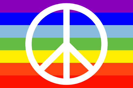 white peace symbol over rainbow colours