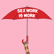 Red umbrella with sex work is work in white writing