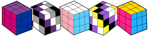 5 rubix cubes one each in bi, ace trans, non-binary and pan colours