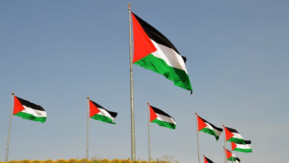 Six Palestine flags on poles