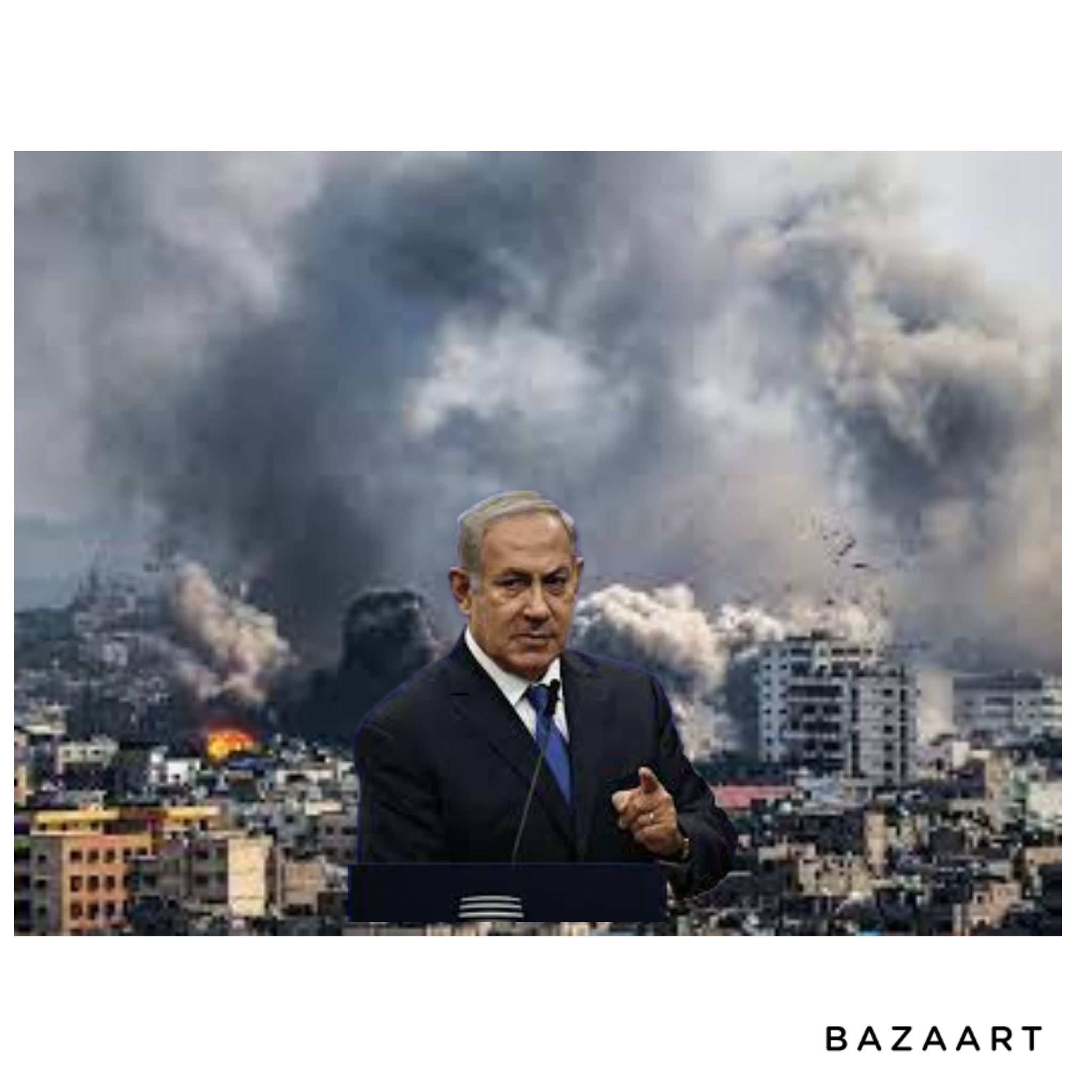 Israeli President, Netanyahu, stands among the bombed buildings of the Gaza Strip