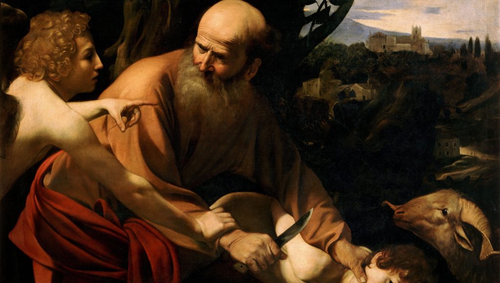 Abraham about to kill his son on the order of God and an angel from heaven holds his wrist to prevent the murder (Old Testament biblical text)