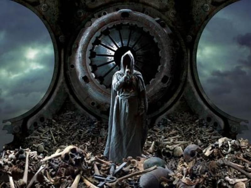Image of a person in a hooded, floor-length cape surrounded by a sea of skulls and skeletons