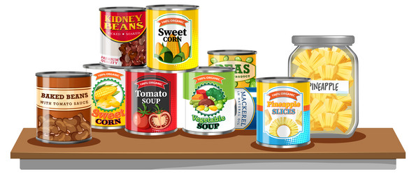 Illustration of assorted packaged food on a table
