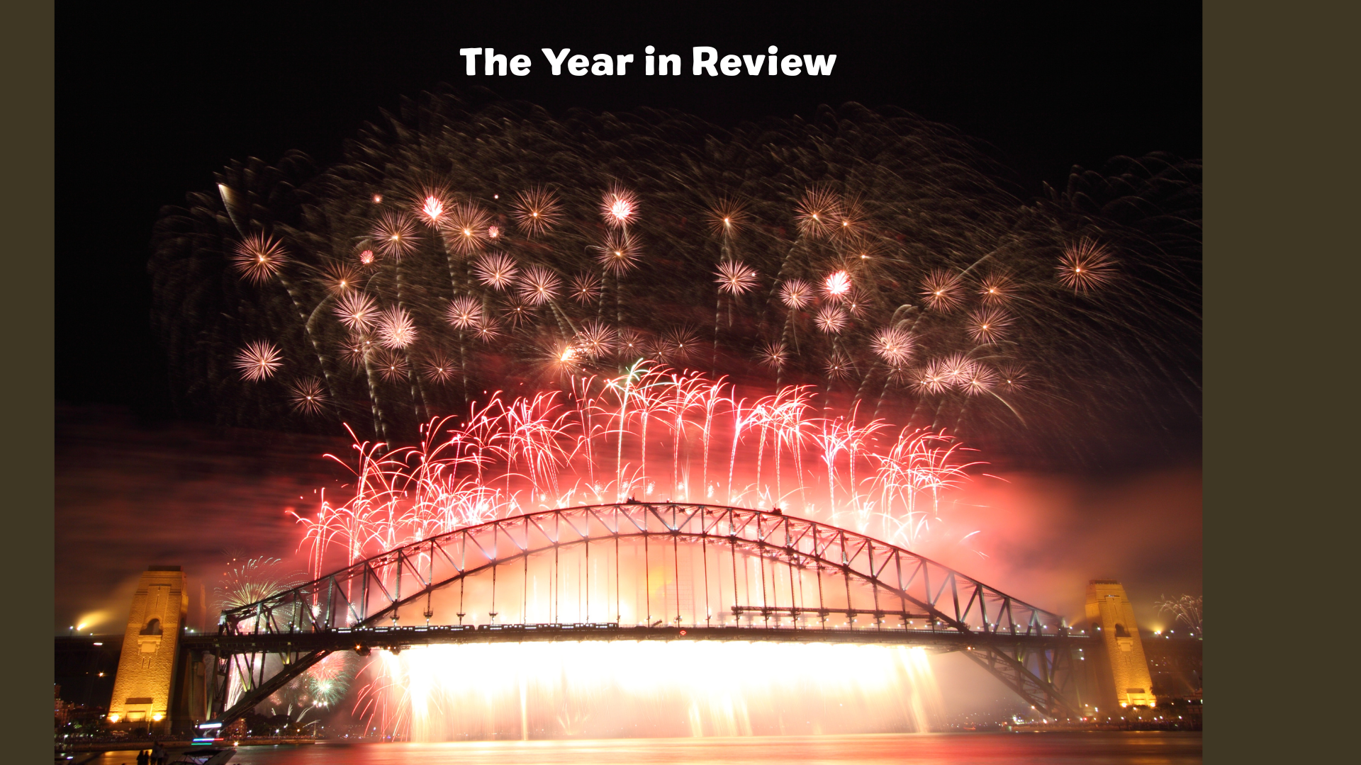 Fireworks over the top of Sydney Harbour Bridge with the text The Year in Review