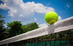 A tennis ball rests on the top of a tennis net