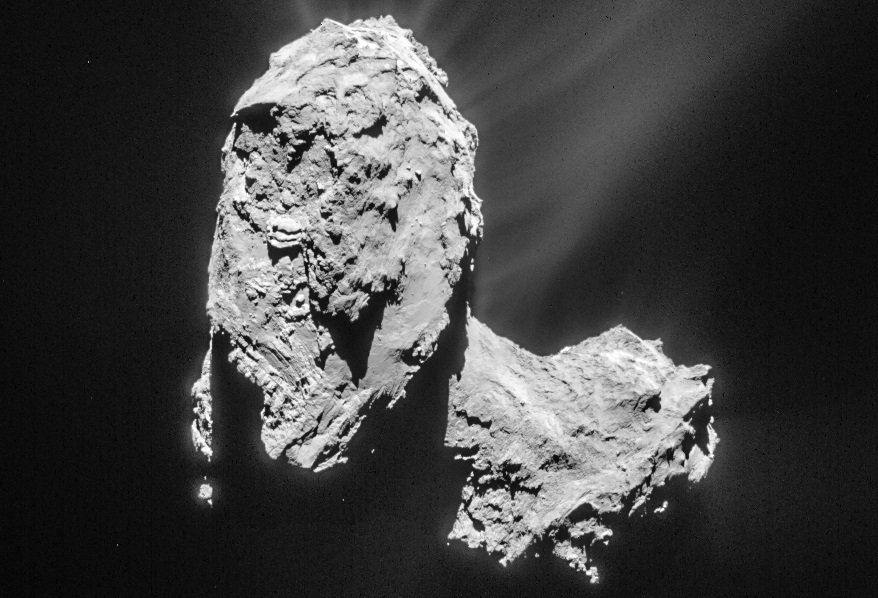Comet 67P/Churyumov-Gerasimenko from a distance of 82.6 km, as seen by the Rosetta navigation camera on 21 March 2015—the image has been cropped and processed to bring out the details of the comet's activity (ESA/Rosetta/NAVCAM, CC BY-SA IGO 3.0, via Wikimedia Commons)