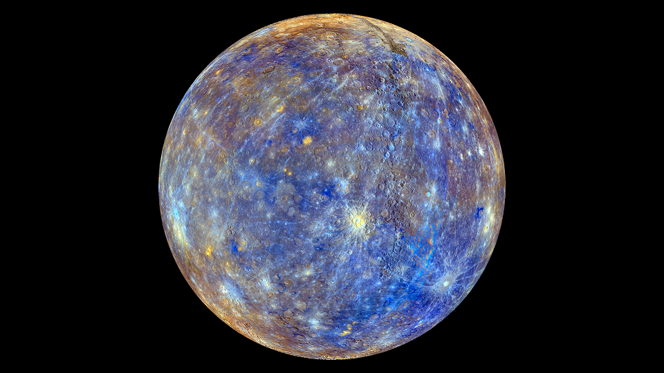 Photo of Mercury taken by the MESSENGER spacecraft, enhanced to show chemical composition (NASA)