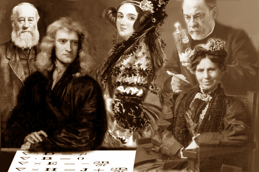 Left to right: James Prescott Joule, Isaac Newton, Ada Lovelace, Louis Pasteur and Clara Barton. Maxwell's equations are on the table.