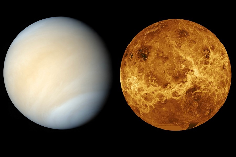 Left: Venus as seen by the Mariner 10 spacecraft, Right: Its surface hellscape as mapped by the Magellan spacecraft