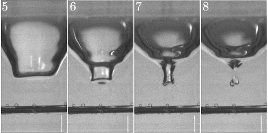 Underwater view of a droplet hitting a water surface, forming a resonant bubble (Image Phillips et al., Scientific Reports)