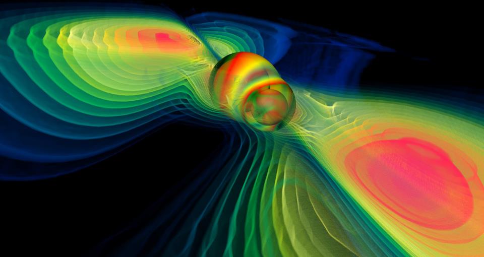 Numerical simulation of colliding rainbow holes, sorry, BLACK holes, by Werner Benger (via NASA Blueshift and Wikimedia Commons)