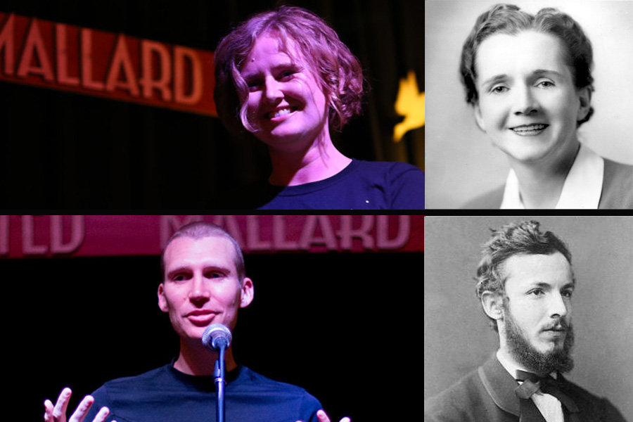 Top: Science communicator Cobi Smith (left) talks about Rachel Carson (right). Bottom: Mathematician Daniel Horsley (left) talks about Georg Cantor (right).