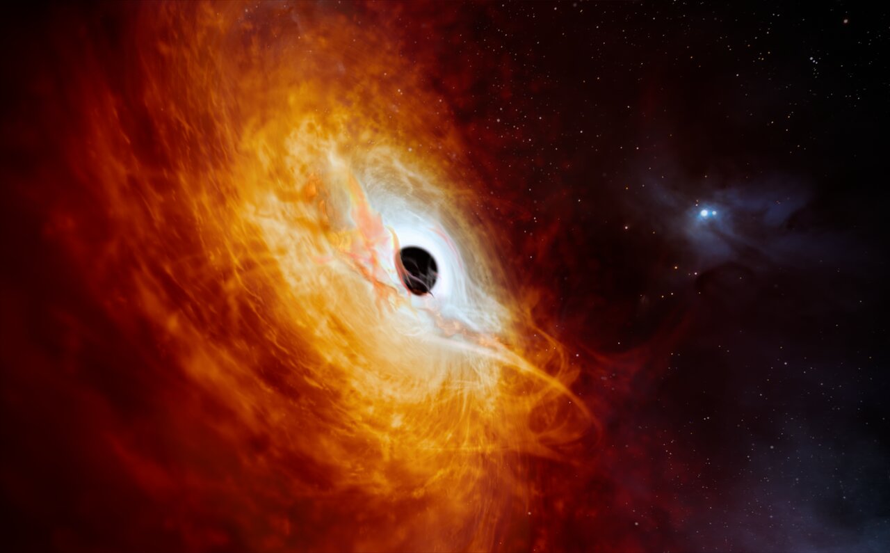 Artist’s impression showing the record-breaking quasar J059-4351 (Image by ESO/M. Kornmesser)