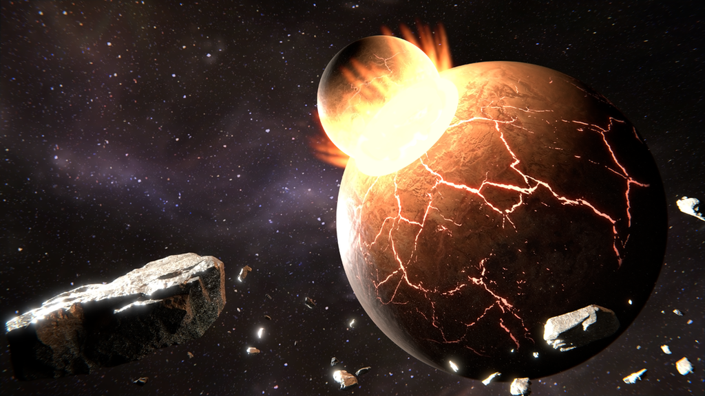 Artist rendering of the collision between Theia and Earth, which is believed to have formed our Moon (image by ResenZhu via DeviantArt)