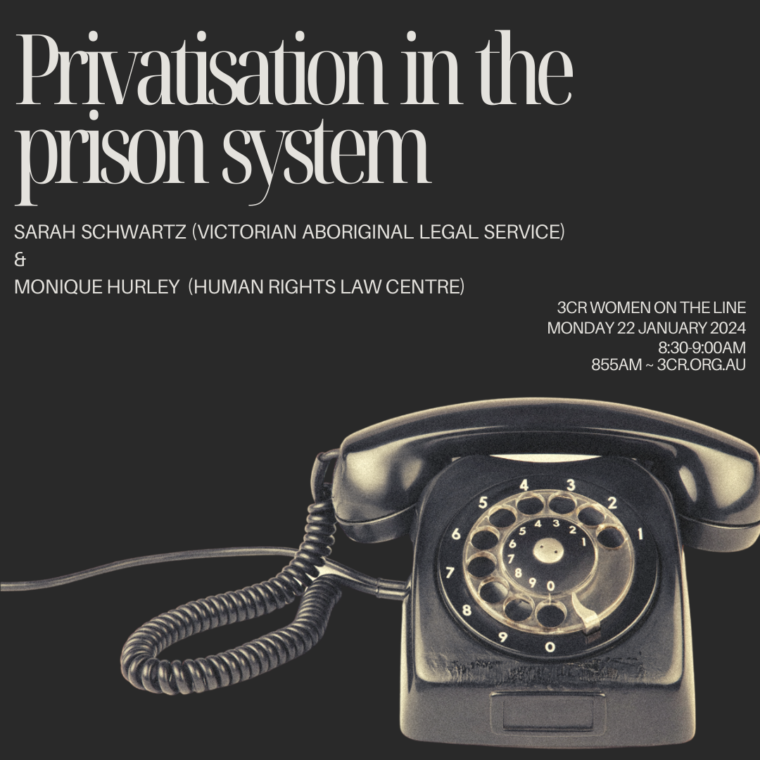 A black and white image with the title, 'Privatisation in the Prison System', and a large image of a telephone in the bottom right corner.