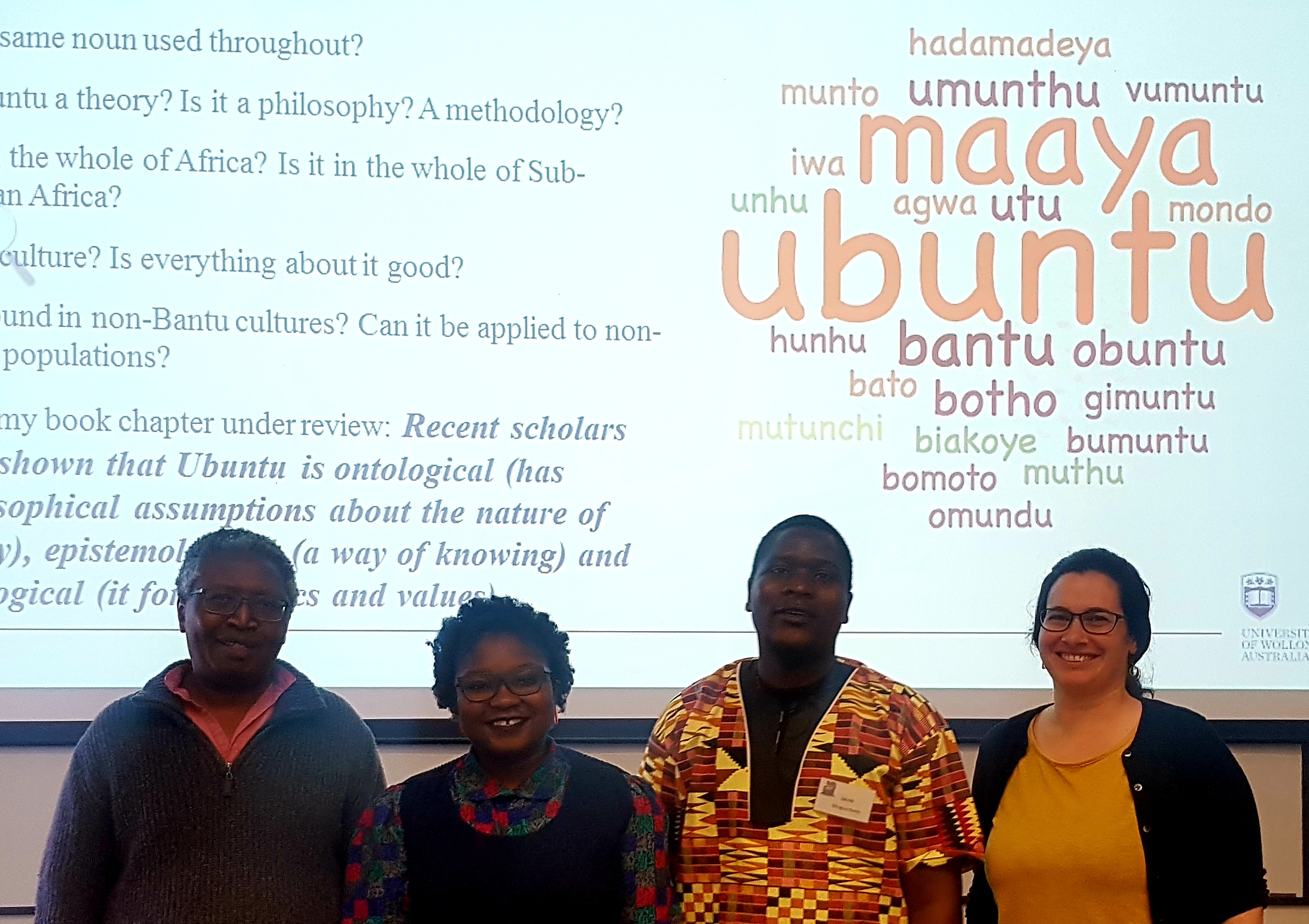 Ndungi  Mungai, Hope Mathumbu, Dr Jacob Mugumbate and Rene Sephton - members of the Ubuntu Panel at the  AFSAAP Conference