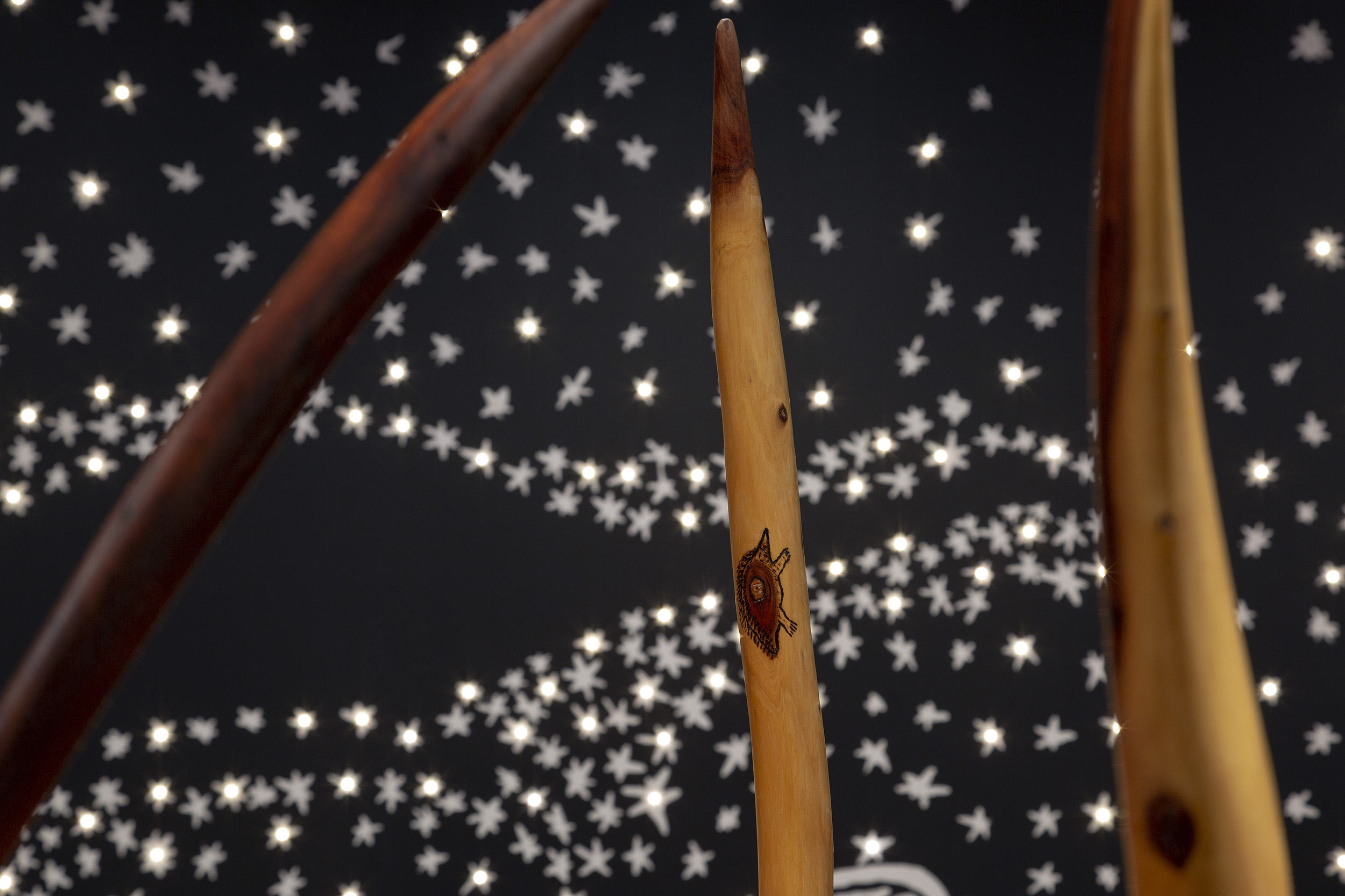 image of digging sticks used by South-Eastern Aboriginal women against a backdrop of a linocut of stars in the sky. The stars are in the shape of an emu.