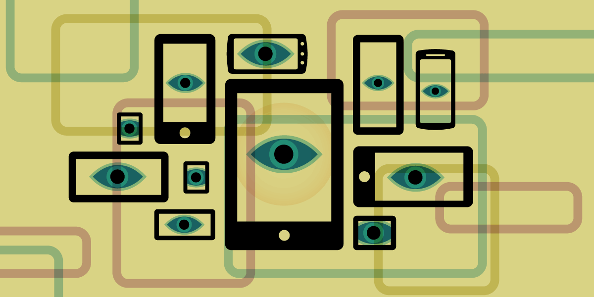 A digital drawing of a cluster of different shaped and sized smartphones and tablets displaying an eye on each screen. The background is a muted yellow and patterned with a random assortment of overlapping outlined rectangles in pink, blue and yellow.