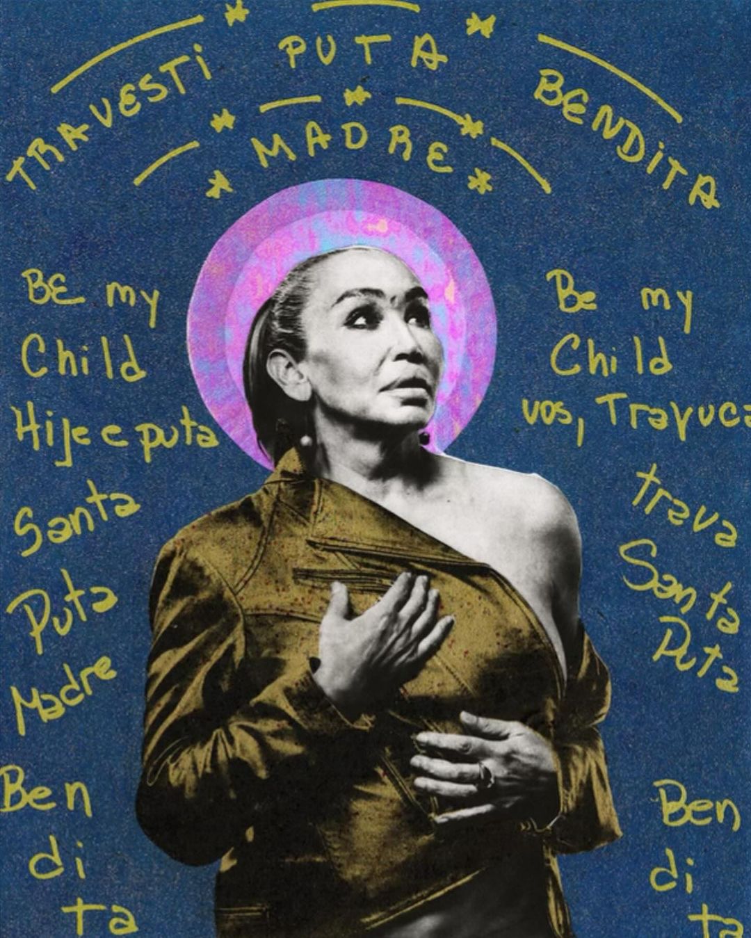 a midnight blue background with an image of Cecilia Gentili in the middle looking up at the sky. She has a purple pink hazey halo around her head. There is yellow text around her that reads 'travista puta bendita'. 