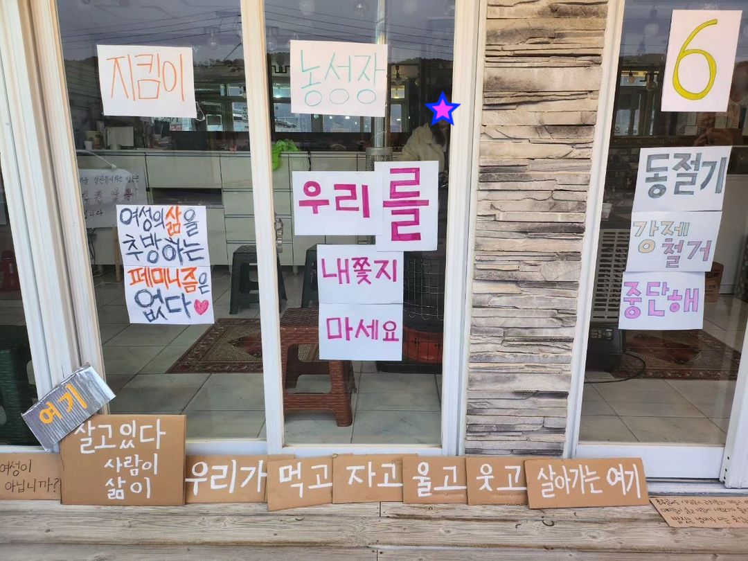 Image of the front of a building with several windows. On the windows are protest signs in Korean. 