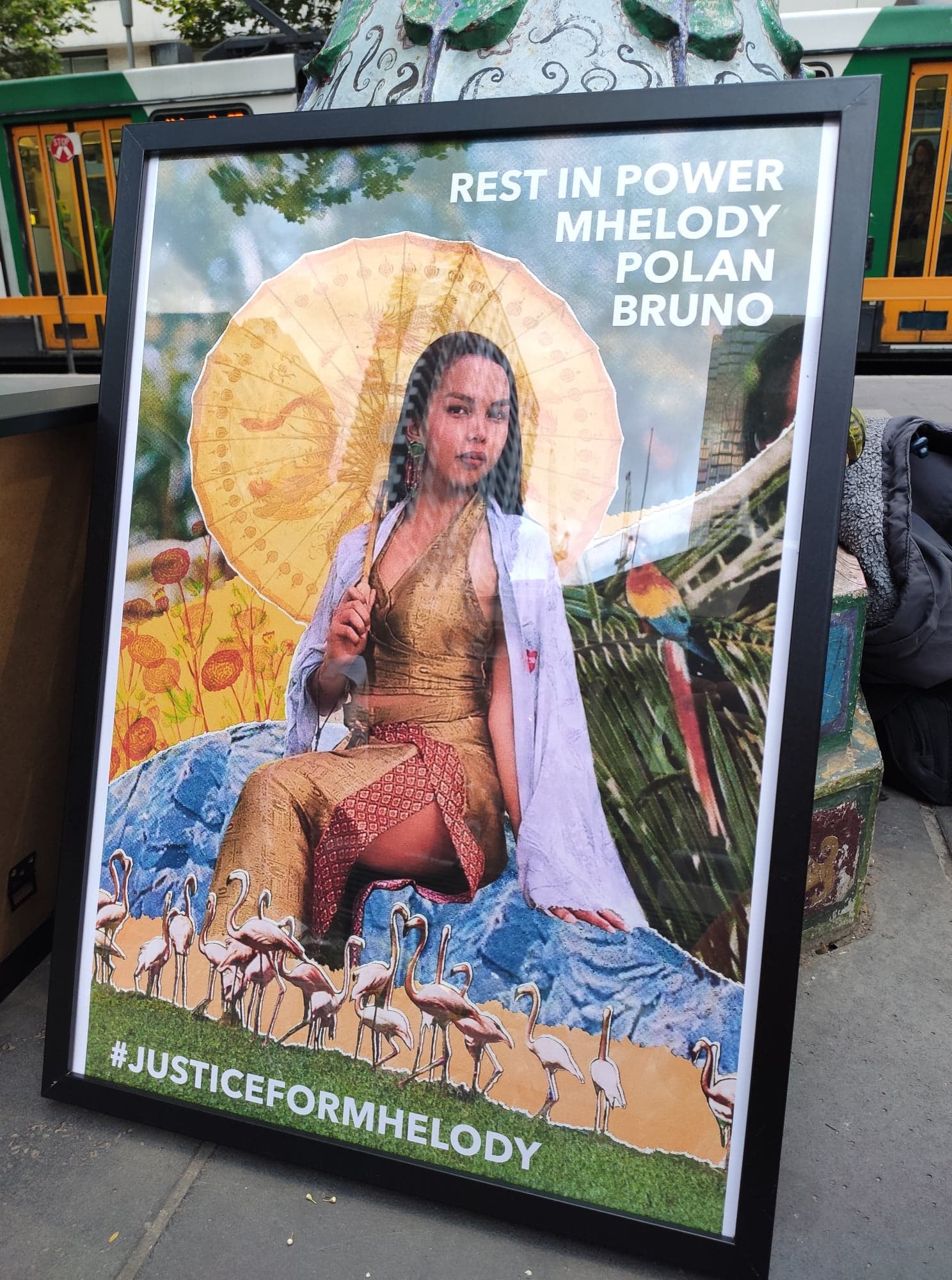 Rest in power Mhelody Polan Bruno framed at the vigil in Melbourne 2019, art work by Lachlan Pham