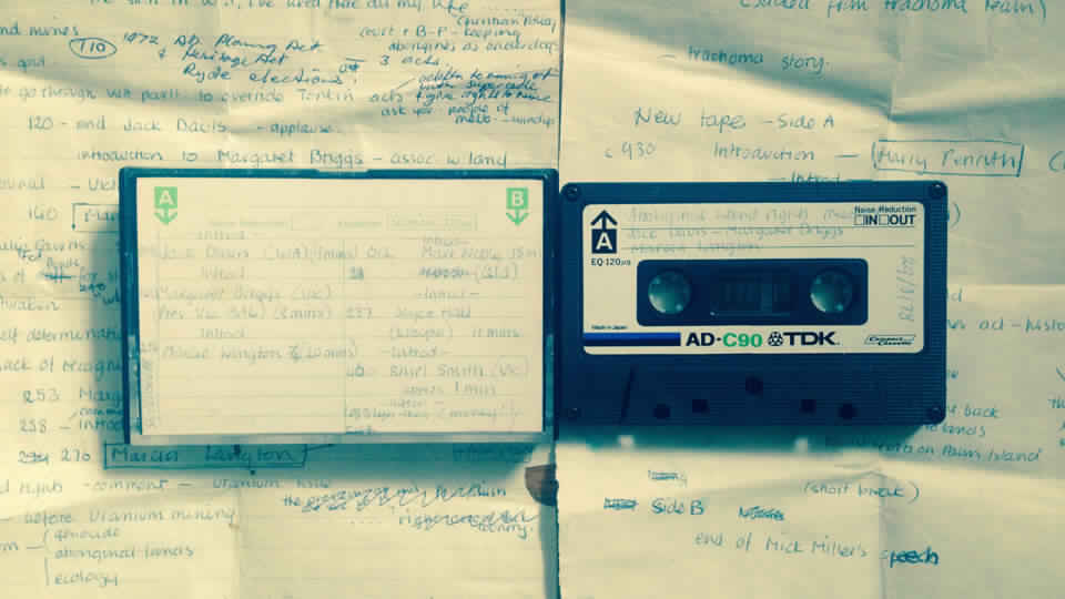 Original cassette and notes from the 3CR archives - Land Rights Public Meeting, Melbourne, 1978 recorded by 3CR volunteer Nancy Atkin.