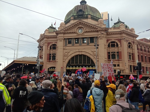 Freedom protesters gather at Flinders St station on Saturday, May 14, 2022. Picture supplied.