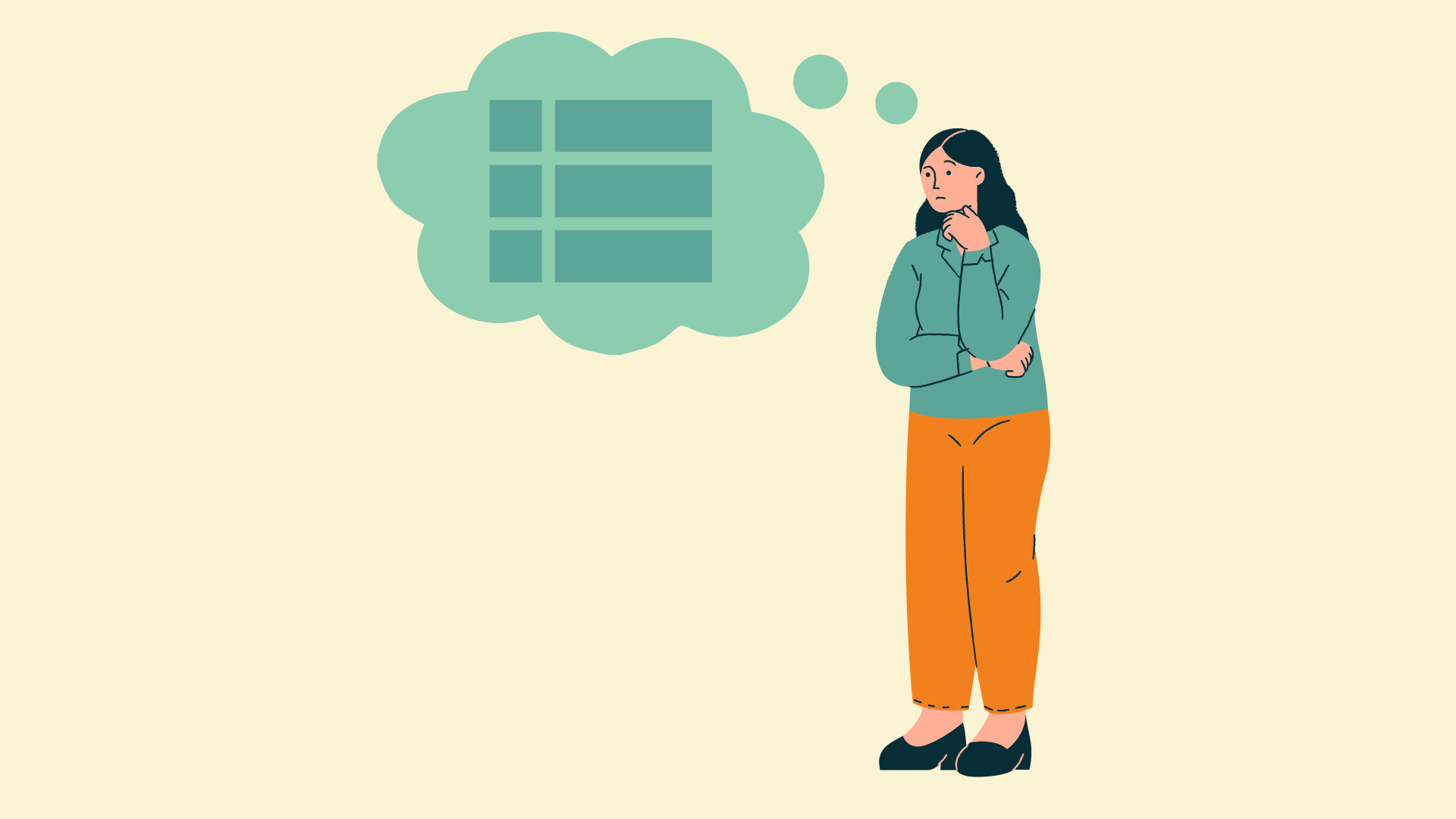 A graphic featuring a woman standing and thinking, with a thought bubble showing three separate options.