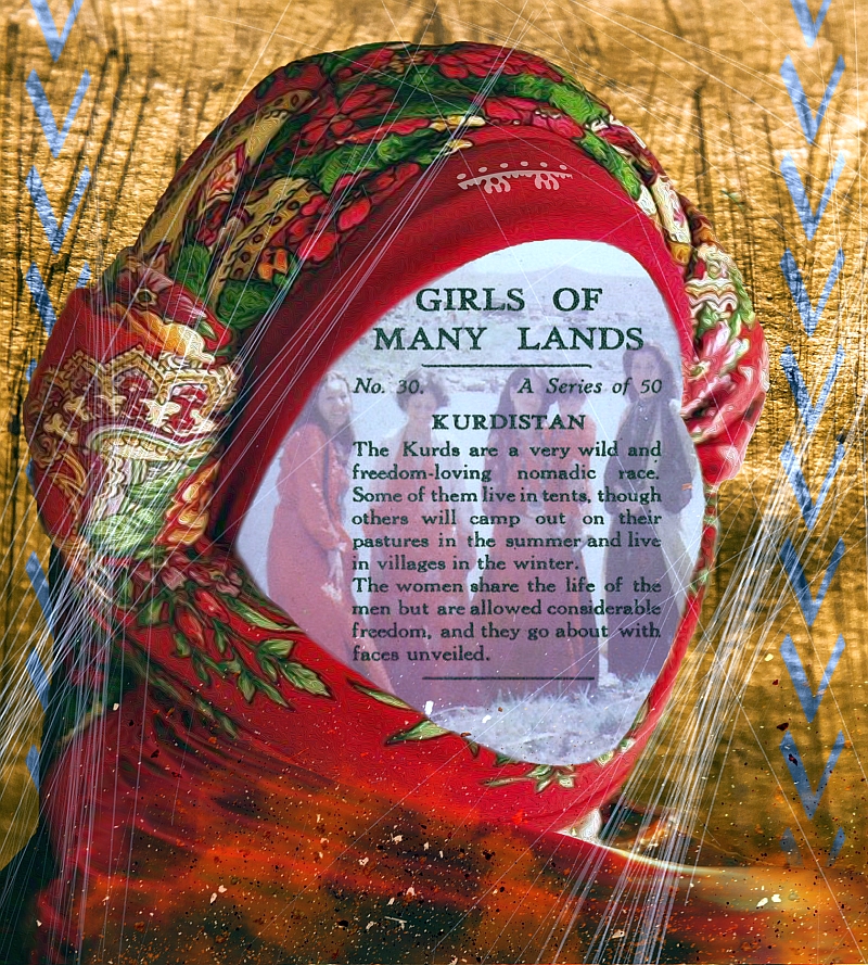 GIRLS OF MANY LANDS by artist/activist Raz Xaidan: A multi-media collage consisting of textures, illustration, personal photography and archival text from 1929.