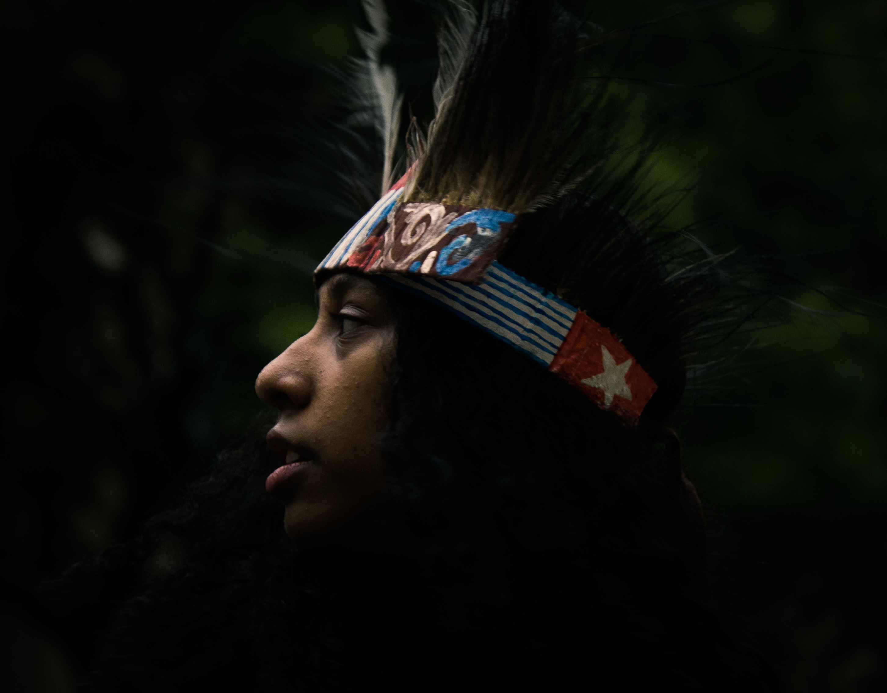 Image of a young West Papuan woman looking out to the distance wearing a West Papuan headdress with feathers and featuring the West Papuan morning star flag.