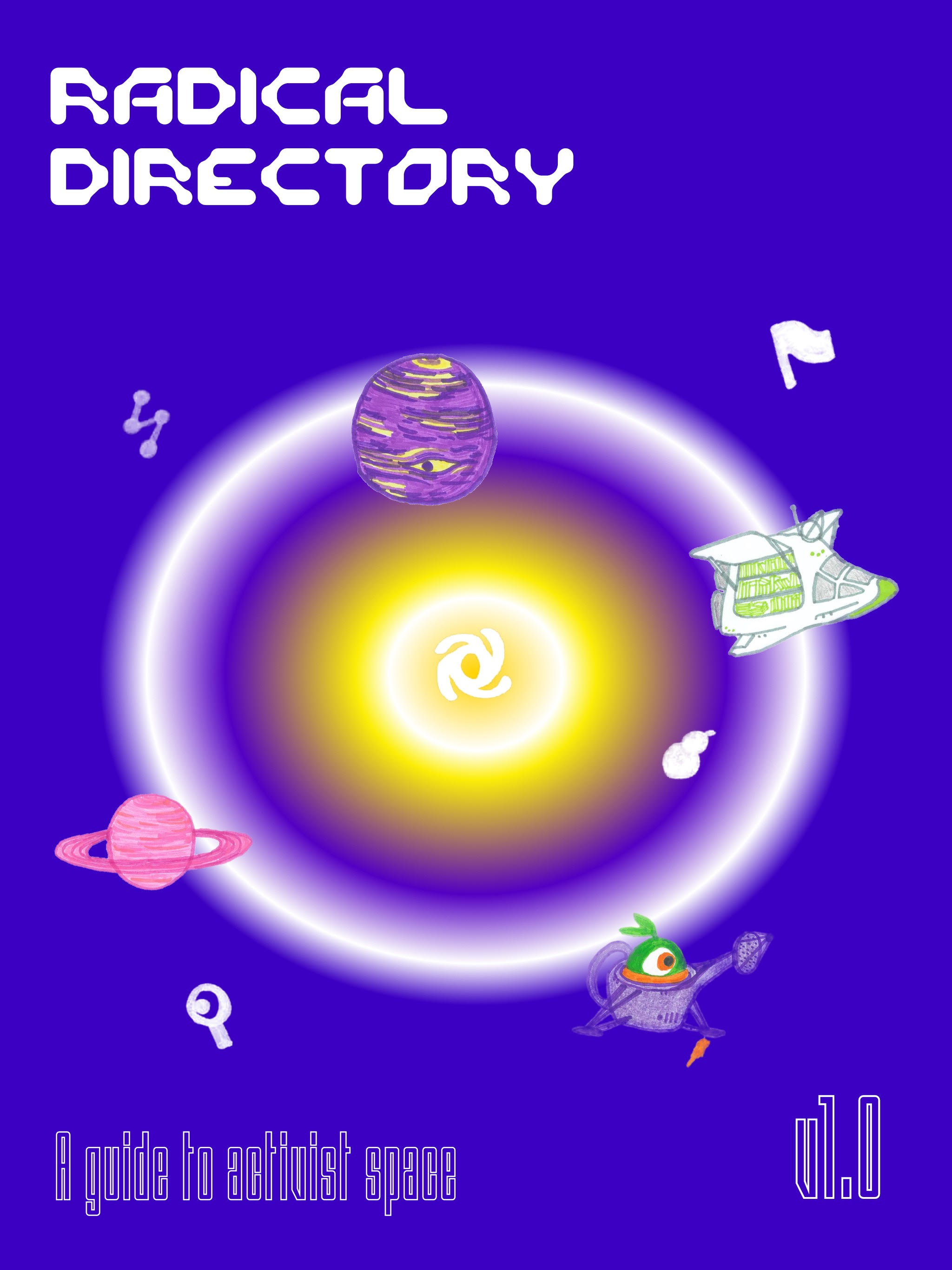 Photo of a zine cover - the background is blue/purple, the text says Radical Directory, A guide to activist space, Vol.10, there are pictures of planets and spaceships